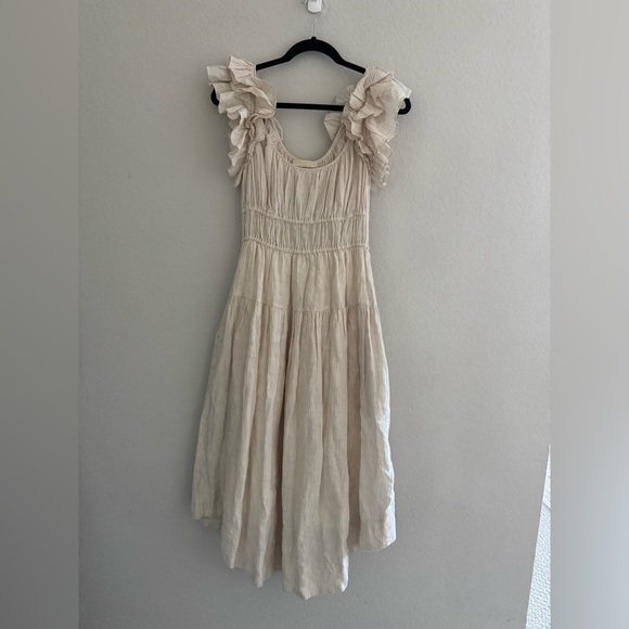 Ulla Johnson Tan Cream Stripe Rissa Dress 0 Sand Ruffle Sleeve Maxi - Picture 7 of 13